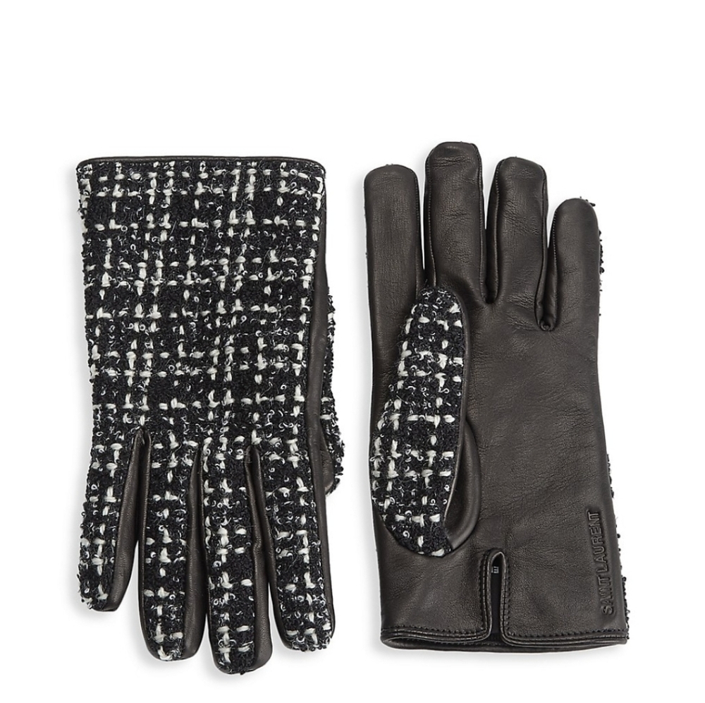 Authentic Saint Laurent YSL Checked Boucle Tweed Wool & Leather Gloves - Picture 1 of 16